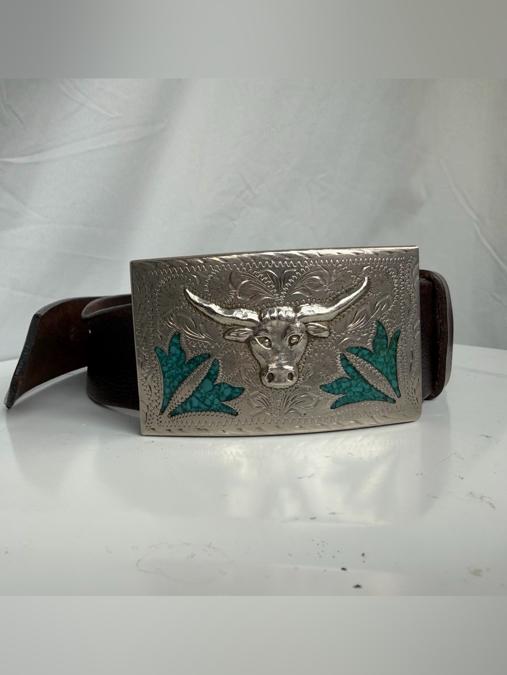 Western Silver Bull Head Belt Buckle with Turquoise Inlay